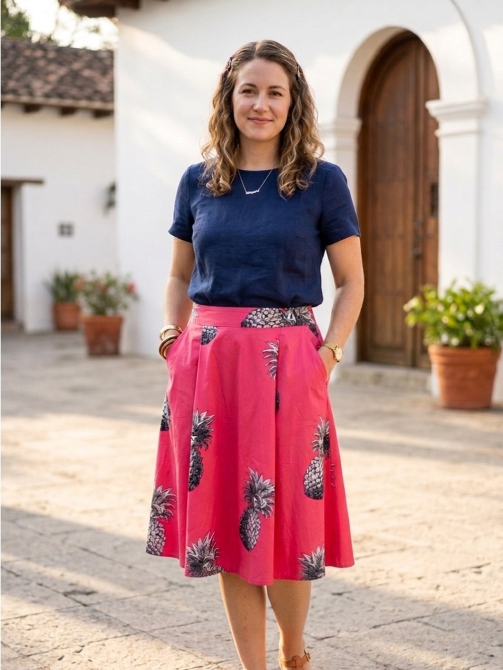 Ann Taylor Factory | Bright Pink Pineapple Print Midi Skirt with Pockets | Sz 8